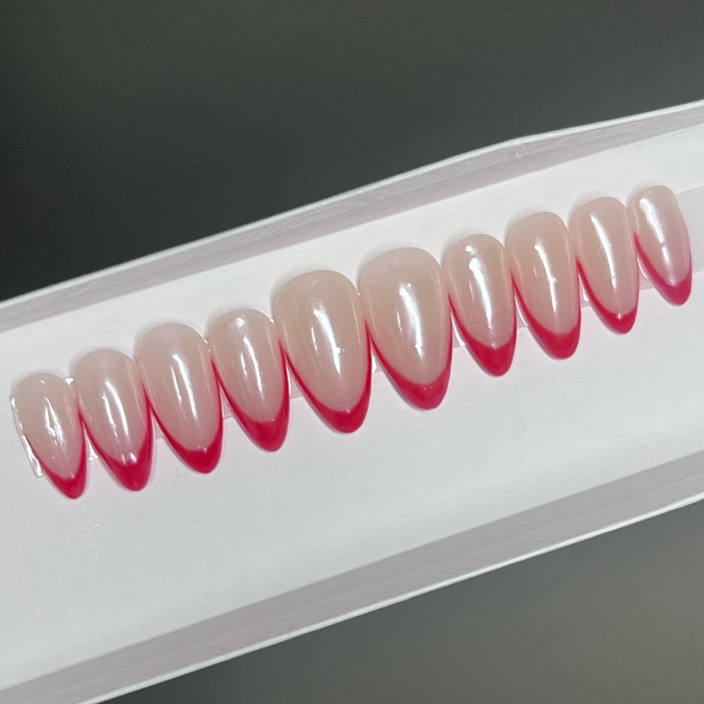 Glazed Candy Cane Nails, Red French Nails, almond medium press on nails